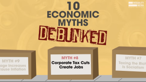 Cartoon cardboard box on a conveyer belt with a label that says "Myth #8: Corporate Tax Cuts Create Jobs"